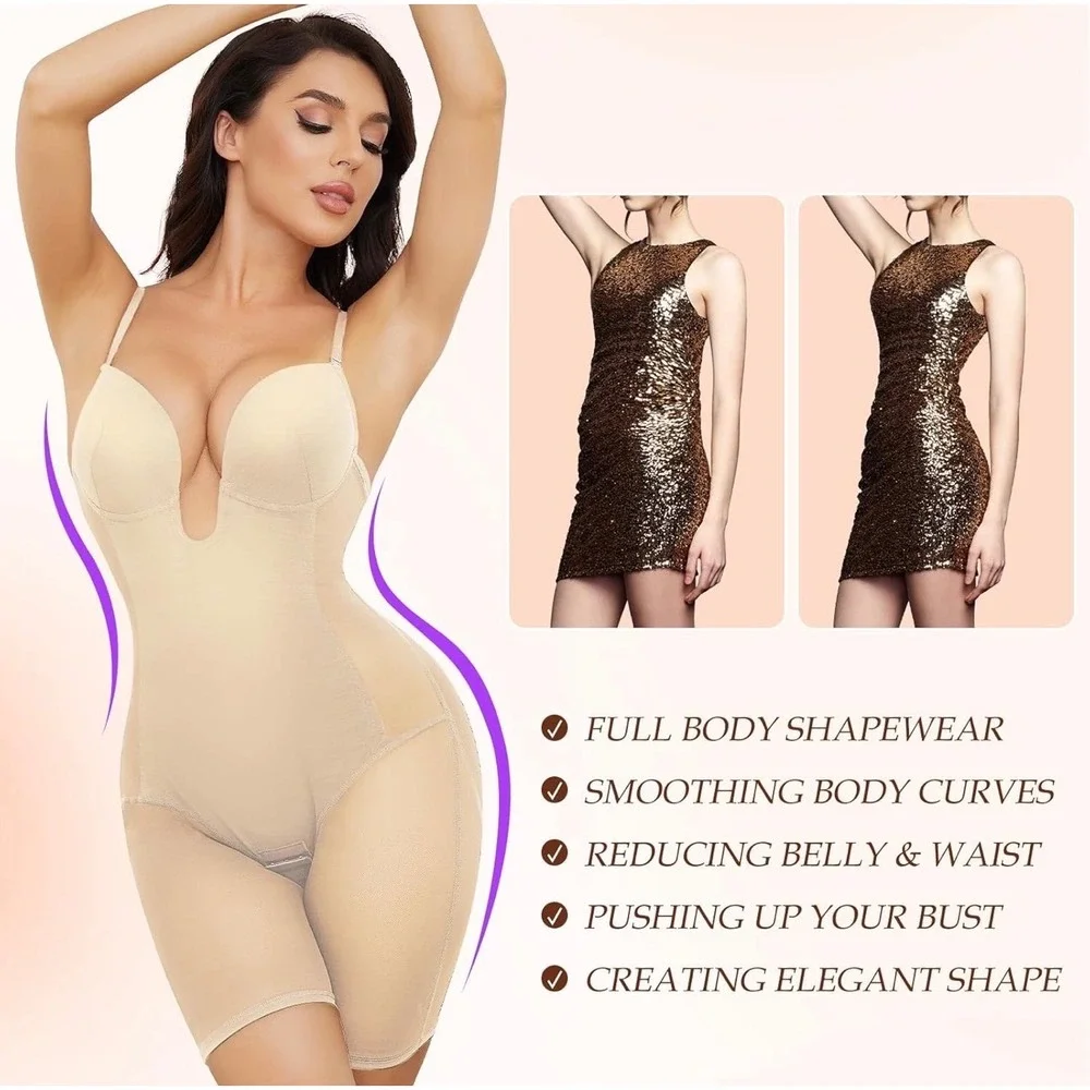 Slimers Nude U Plunge Neckline Full Body Shapewear Bodysuit MidThigh Slimmer NEW